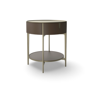 Round SR01 Bedside Table - Hide (Coffee)/Champagne Steel