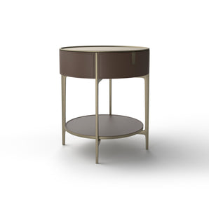 طاولة جانبية للسرير مستديرة SR01 - إخفاء (قهوة)/فولاذ بلون الشمبانيا