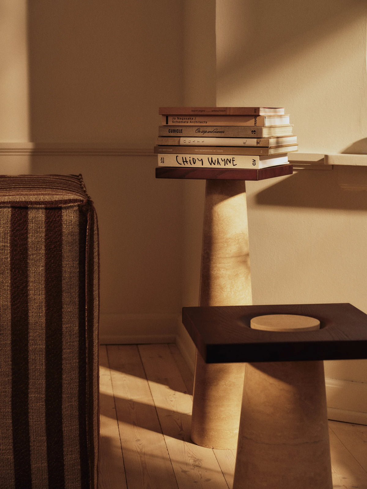Grova Pedestal Side Table - Ash Wood/Travertine-2
