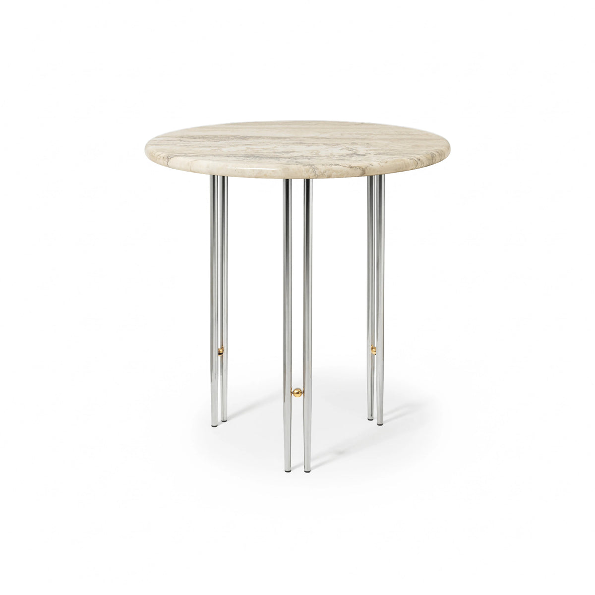 Ioi Side Table – 50x50 / Metal (Chrome) / Metal (Brass Sphere) / Travertine (Rippled Beige)-1
