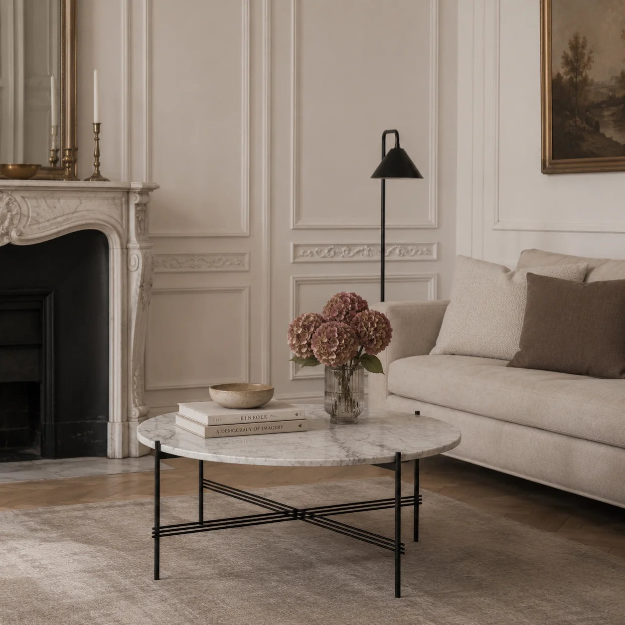 TS 10017129 Round Coffee Table - Black/White Carrara Marble