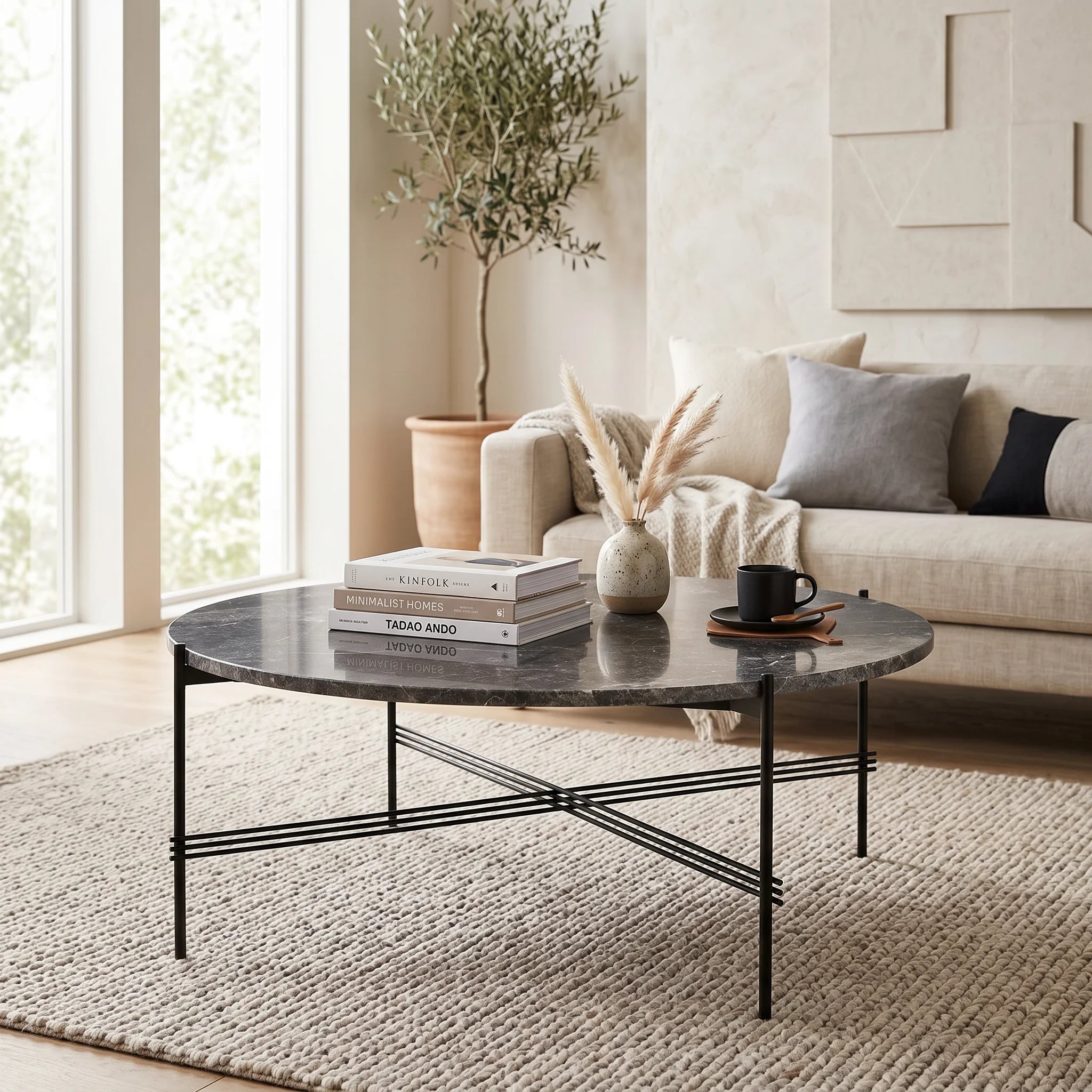 TS 10017135 Round Coffee Table - Black/Grey Emperador Marble-2