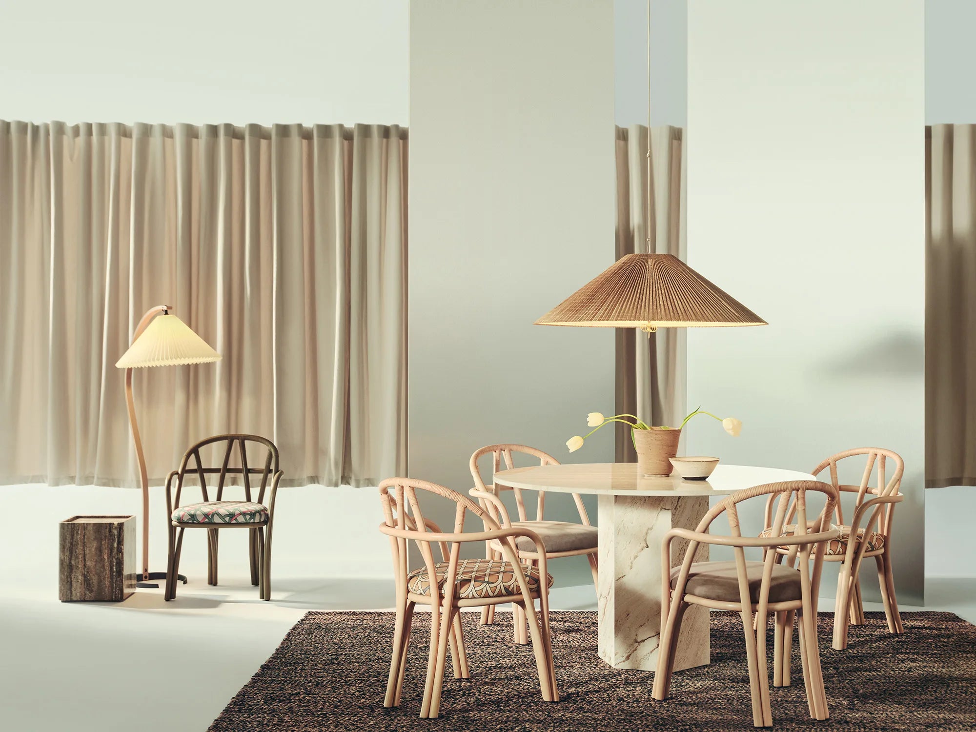 Bistra 61857 Dining Armchair - Natural Lacquered Rattan / Fabric B (Reales Pattern 002)-2