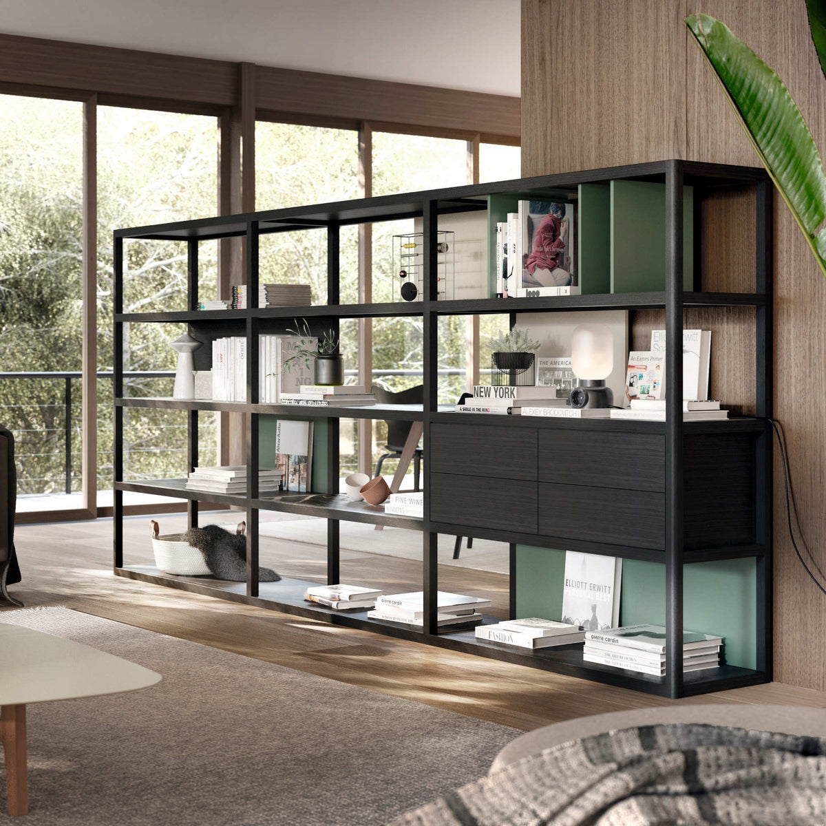 Kai Bookcase & Shelf – 344x40x156 / Wood (Kai Black Oak) / Lacquered (Moss)-2