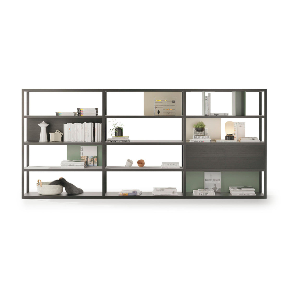 Kai Bookcase & Shelf – 344x40x156 / Wood (Kai Black Oak) / Lacquered (Moss)-1