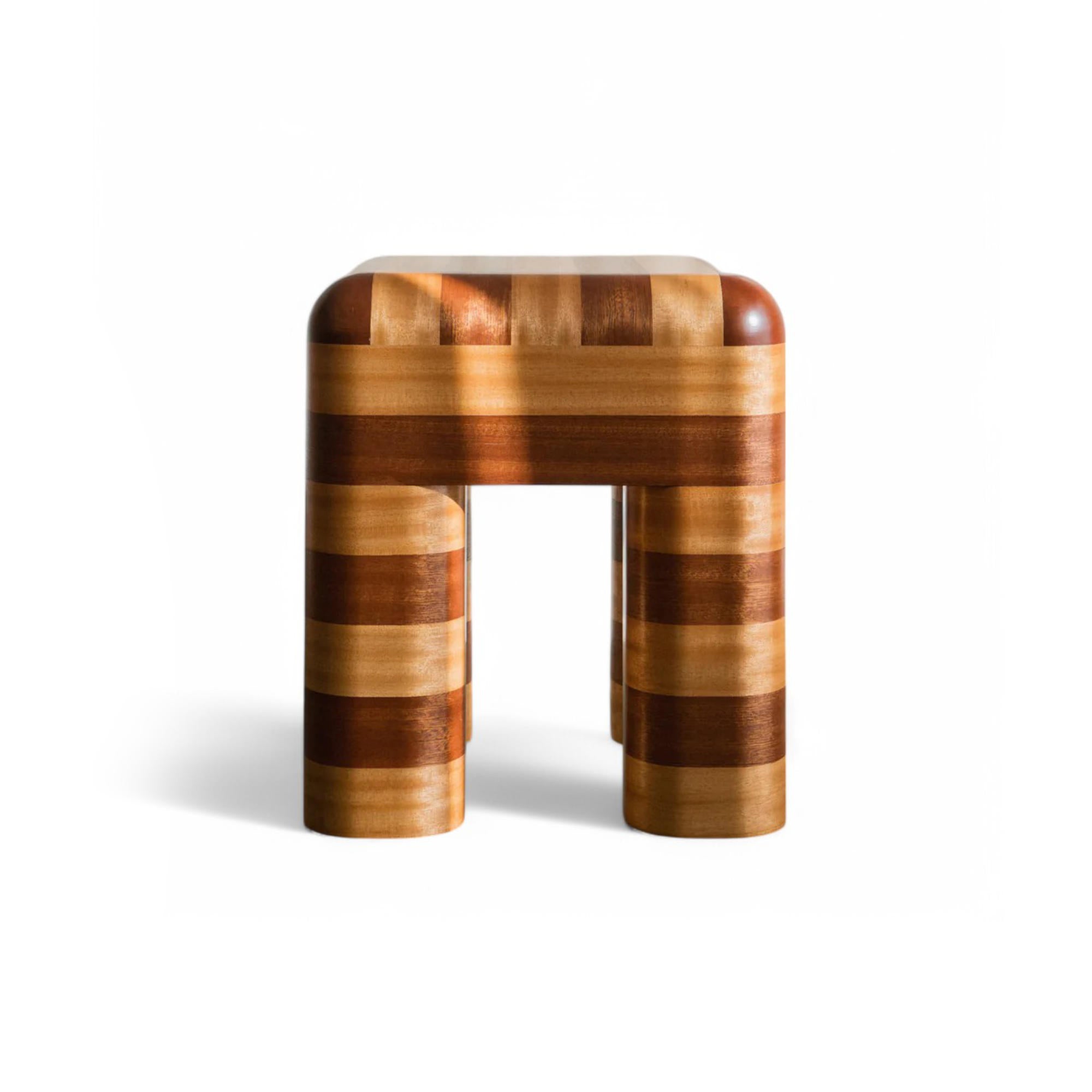 Marcello Striped Wooden Stool - Mahogany Wood Veneer/Tola Wood Leaf-3