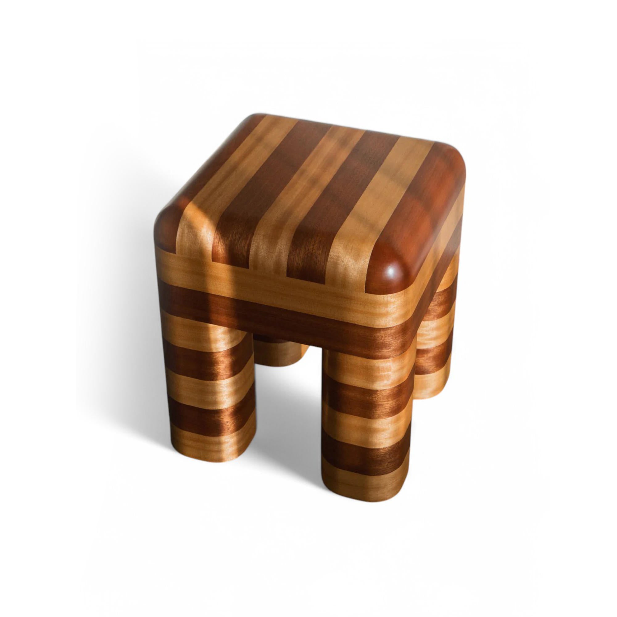 Marcello Striped Wooden Stool - Mahogany Wood Veneer/Tola Wood Leaf-4