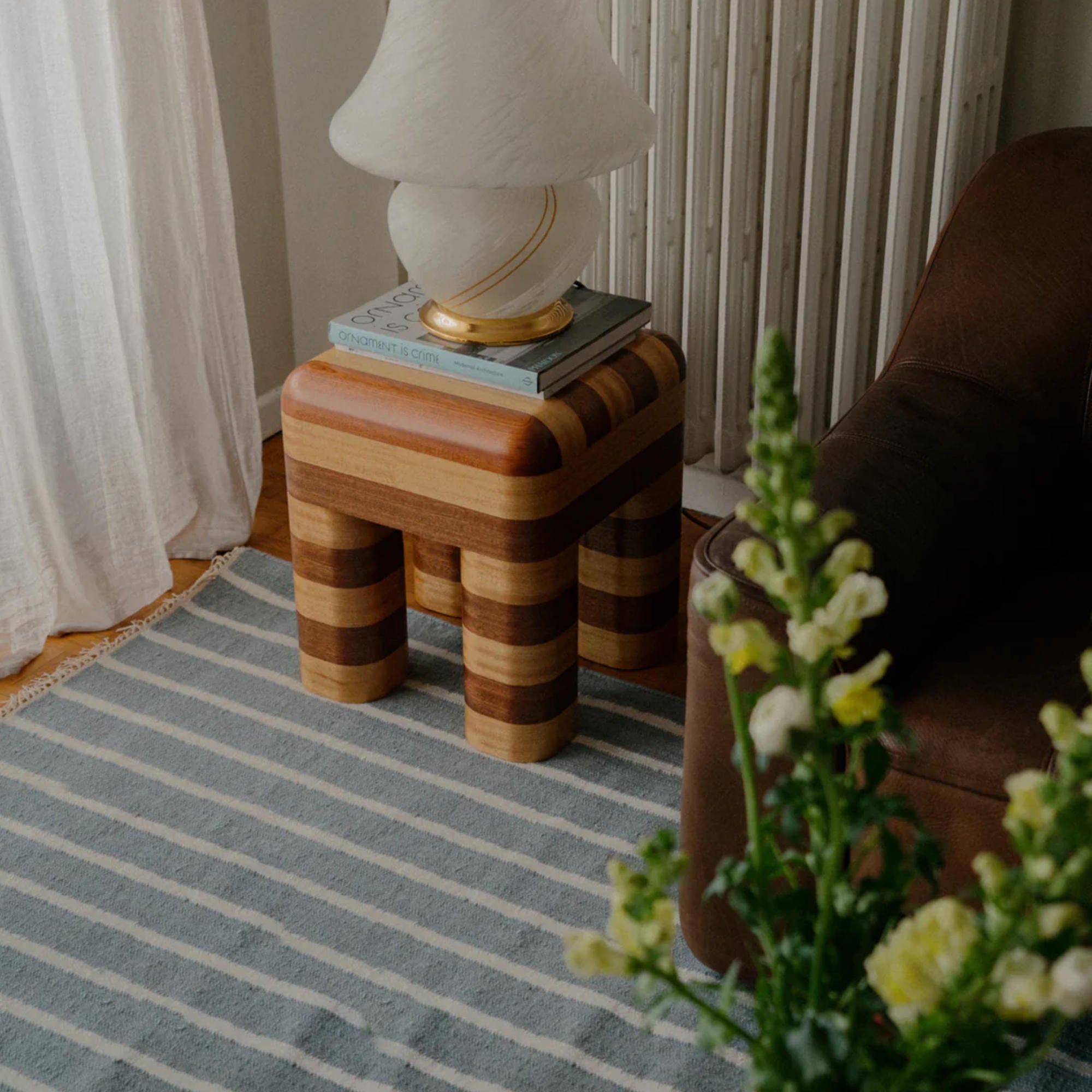 Marcello Striped Wooden Stool - Mahogany Wood Veneer/Tola Wood Leaf-2