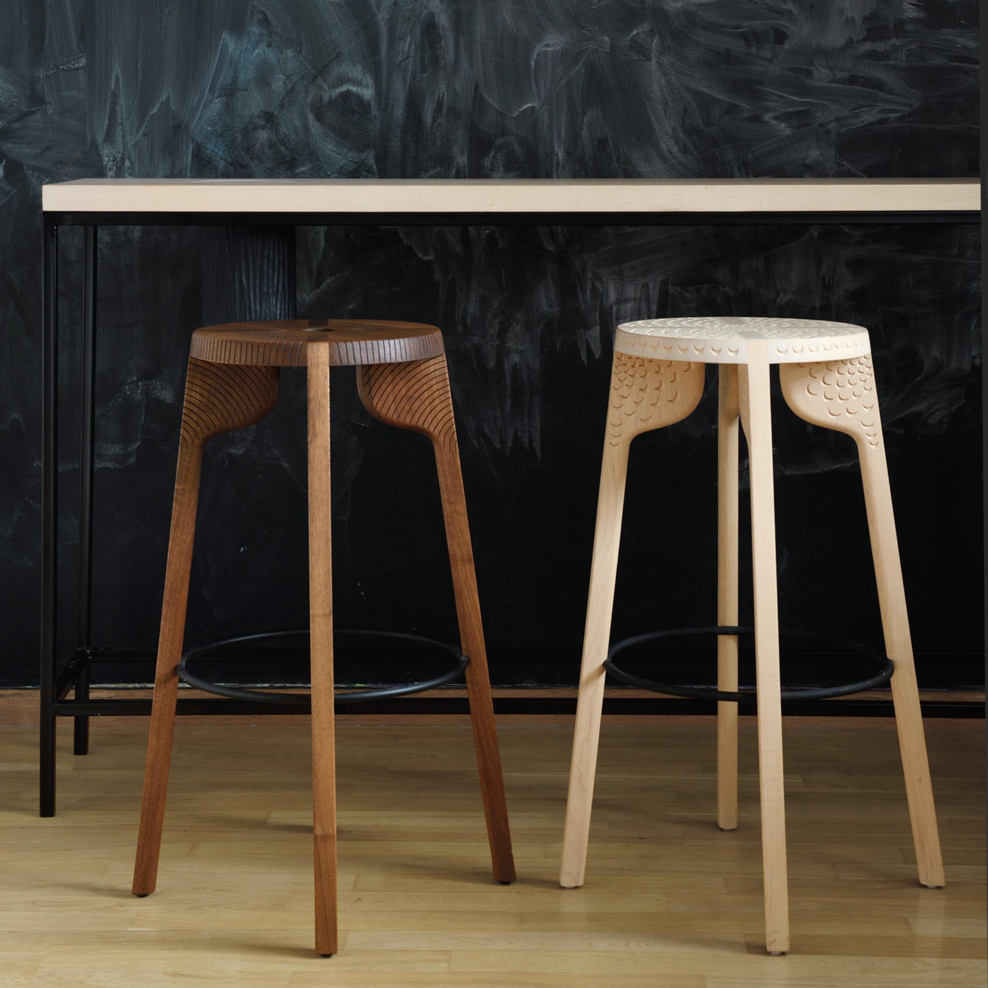 Tattoo Peacock  Carved Bar Stool - Black/Walnut Oil