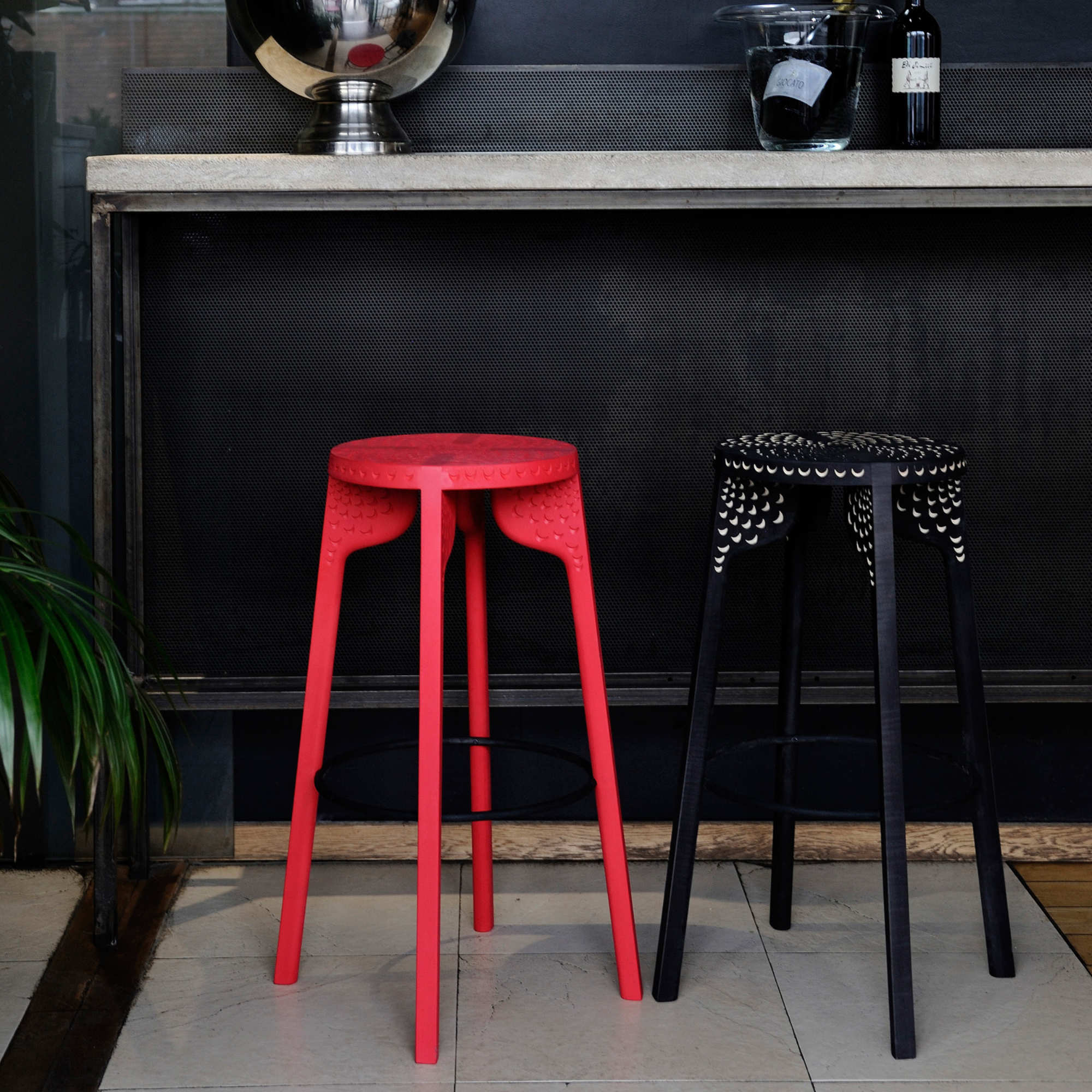 Tattoo Peacock  Carved Bar Stool - Black/Walnut Oil-4