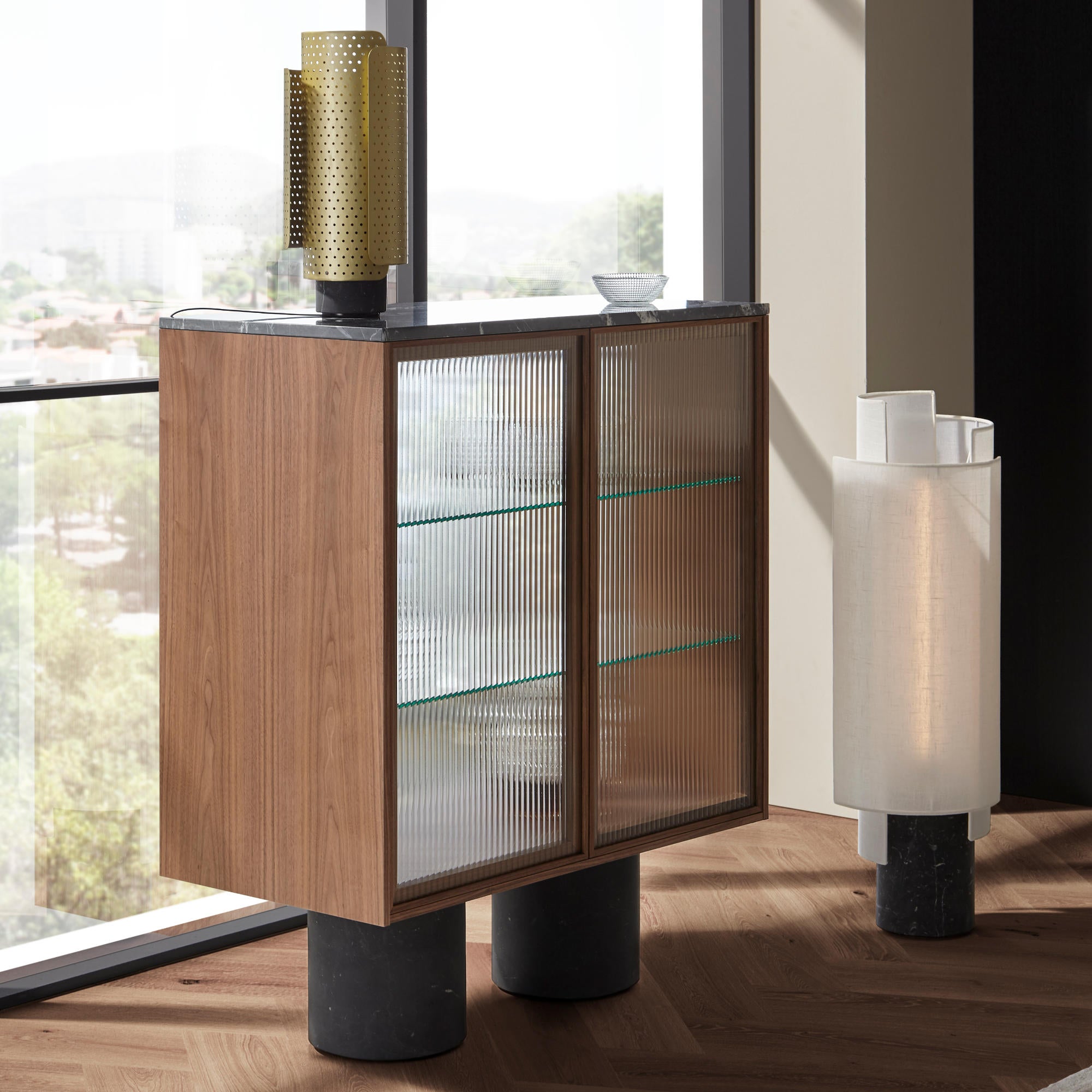 Rio RIL400 Floor Lamp - Marquina Marble/Fabric Shade-3