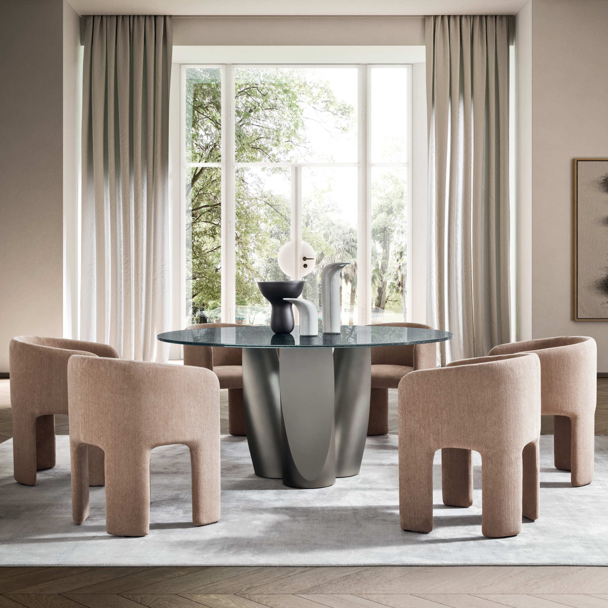 Sentei JTV3L Dining Table - Silk Grey (LE10)/Crackle Glass (VE12)