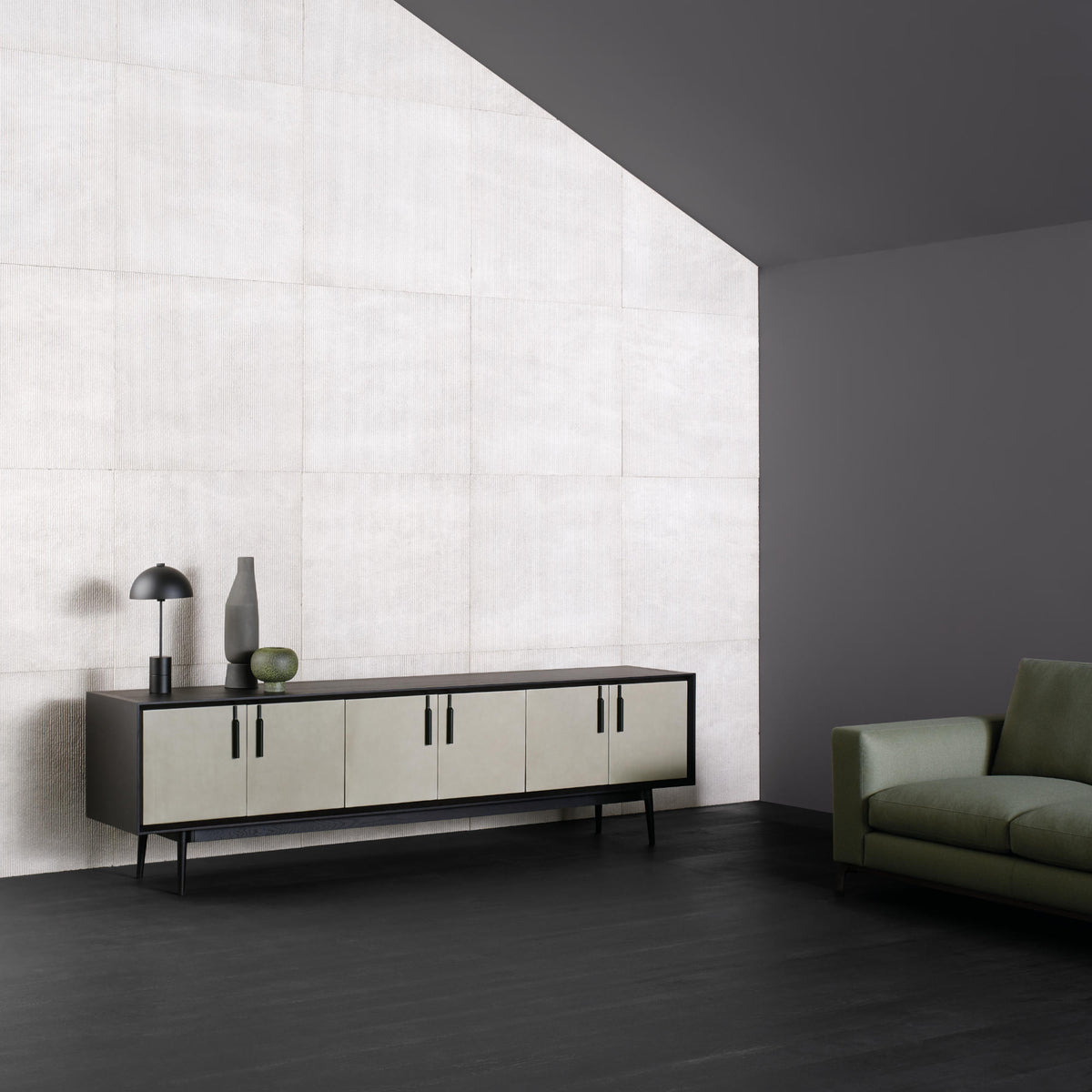 Theo Sideboard – 270x50x75 / Wood (Stained Ash) / Leather (Legacy 8003)