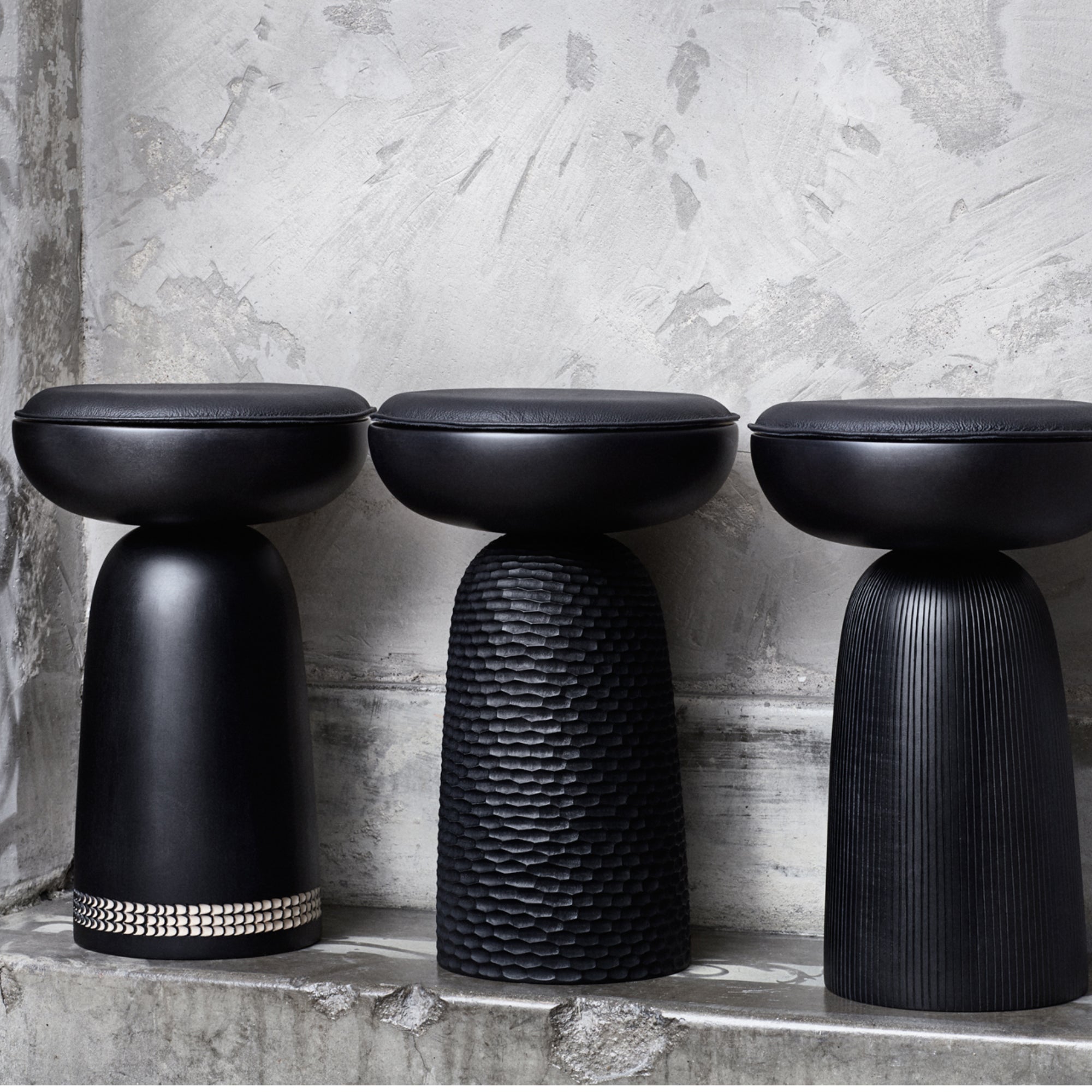 Nera Reshma 3 Rows Stool - Maple Black Stain/Black Leather