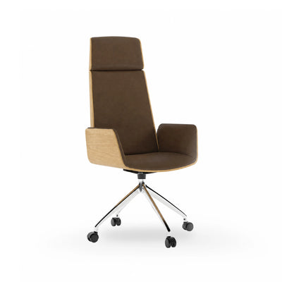 Hug Executive HUG145 Office Task Chair - Polished Aluminium/Super Matt Oak/Leather G5 (Laguna Brown)