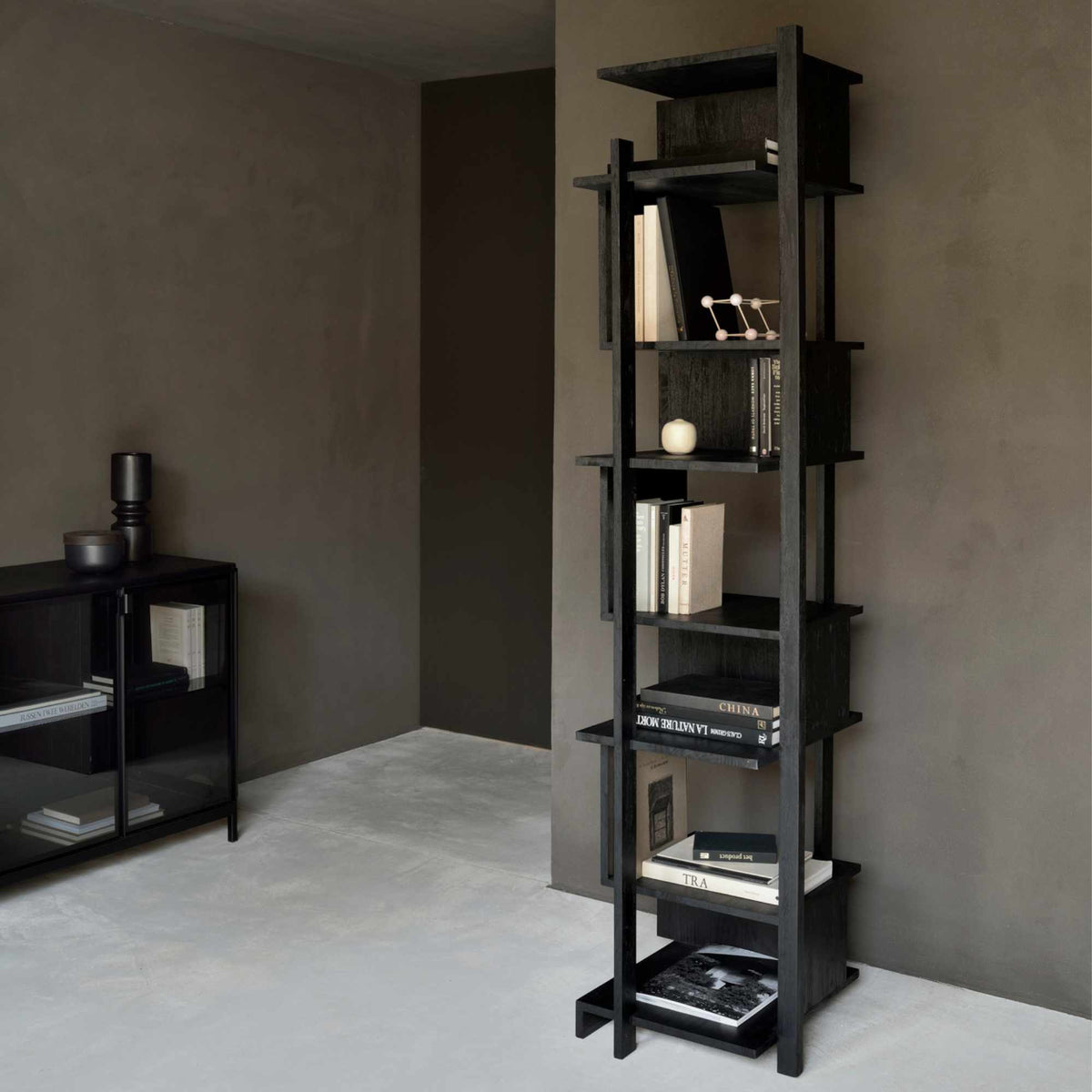 Abstract Bookcase & Shelf – 49x54x203 / Wood (Varnished Teak Black)