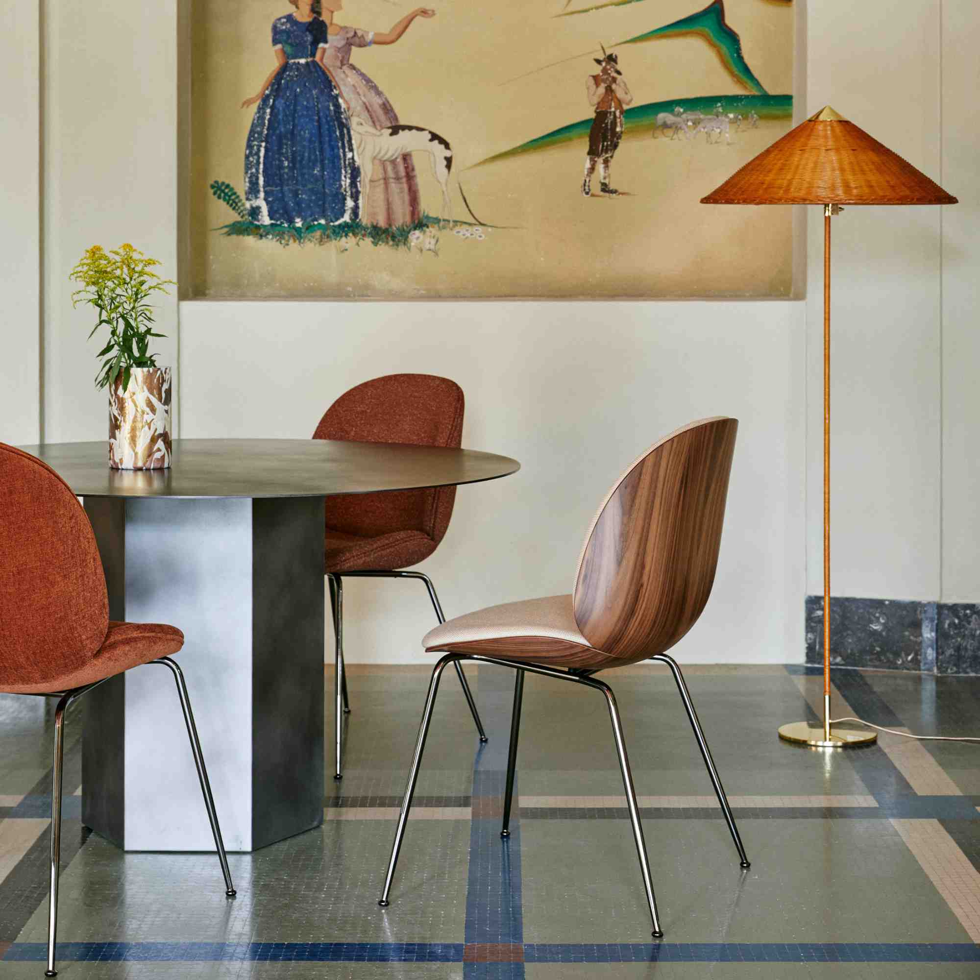 Beetle 55063 Dining Chair - Black Chrome / American Walnut / Fabric B (Flair Special FR 134)-6