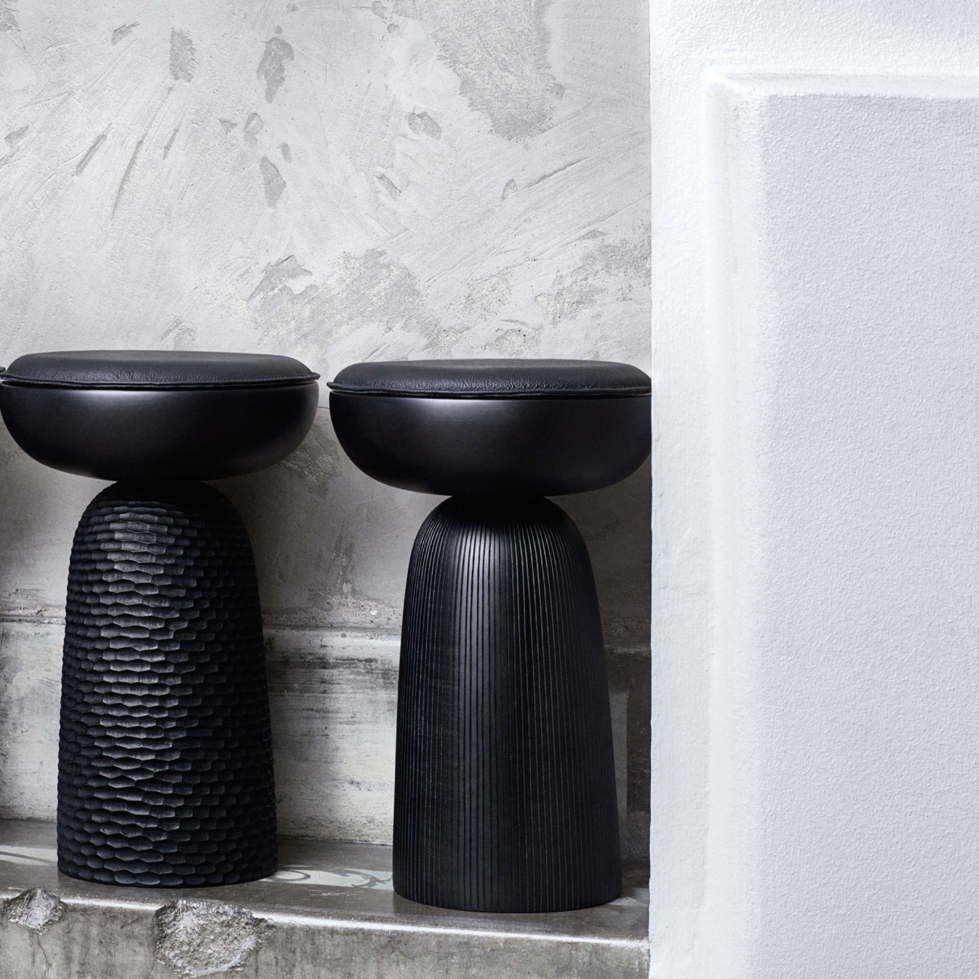 Nera Full Base Lines Stool - Maple Black/Black Leather-3