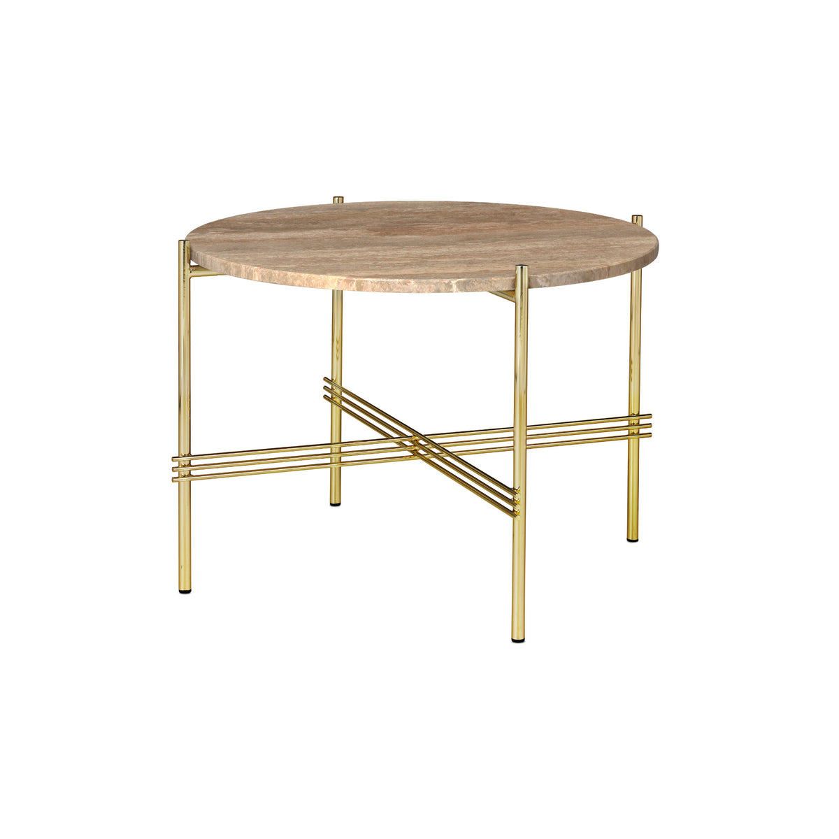 TS Coffee Table – 55x41 / Metal (Brass) / Travertine (Warm Taupe)