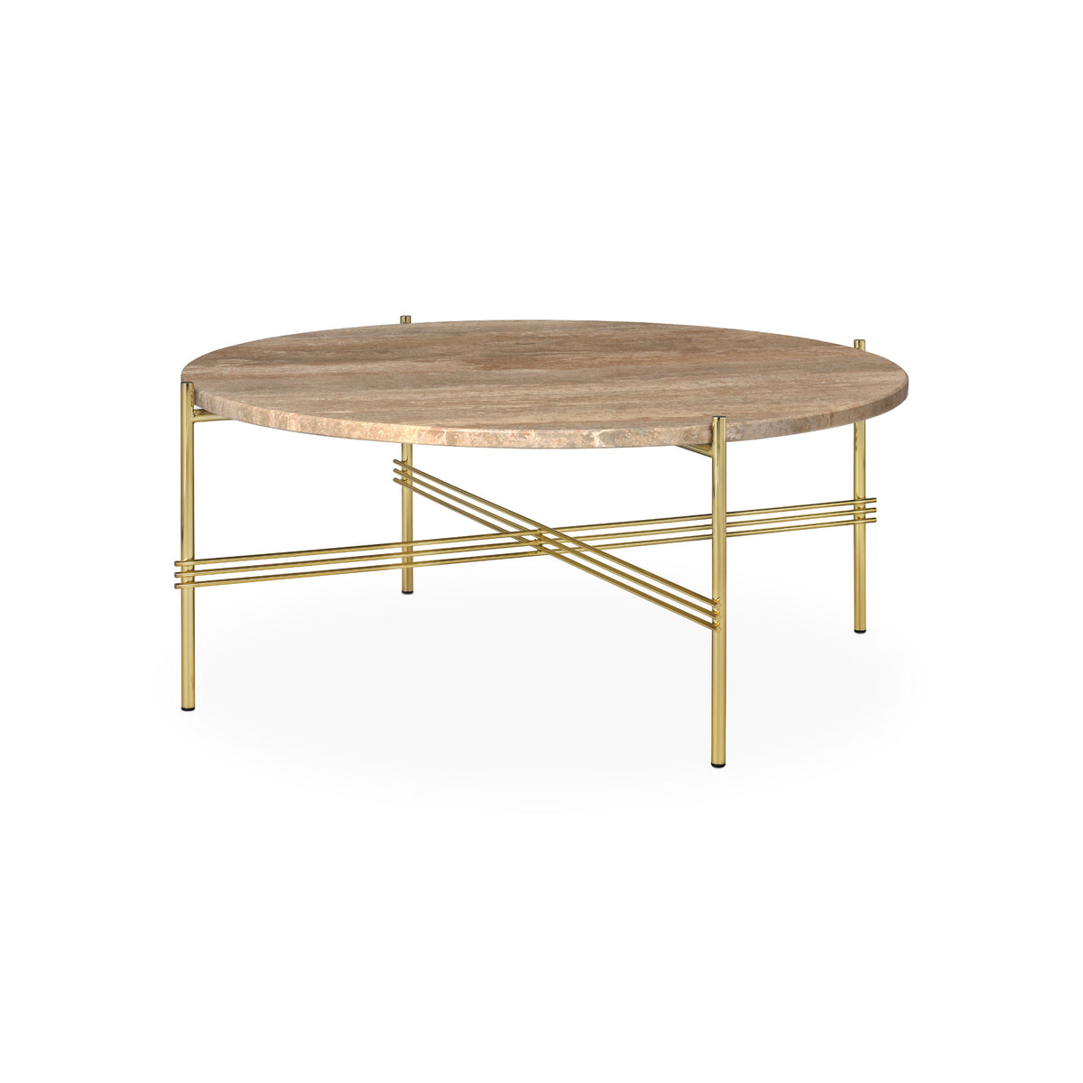TS Coffee Table – 80x35 / Metal (Brass) / Travertine (Warm Taupe)